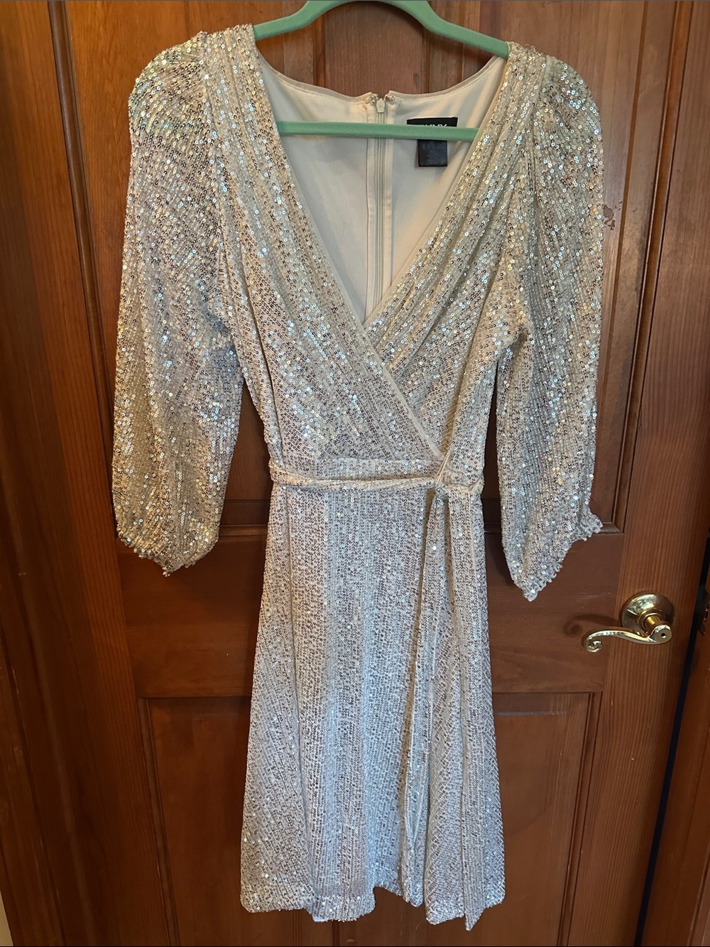 DKNY Champagne Sequin Wrap Midi Dress with Puff Sleeves